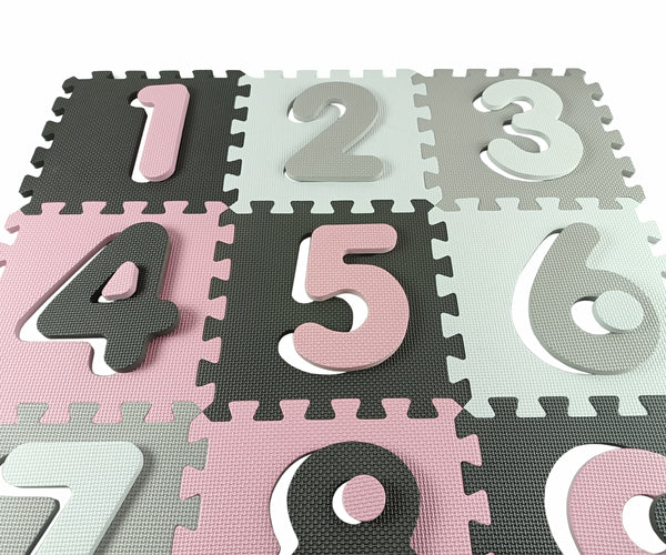 Mata-piankowa-palapeli, jossa pinkki ja harmaa väriyhdistelmä. Palapeli koostuu numeroista 3x3 ruudukossa.