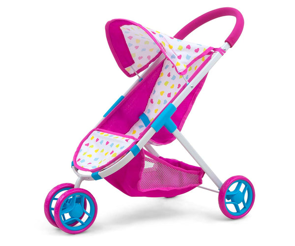 Milly Mally nukkekärry Susie Candy -malli. Vaaleanpunainen ja valkoinen värimaailma, kolme pyörää, mukana kori ja turvavyö.
