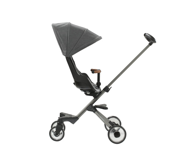 Qplay Easy -lastenrattaat 3-in-1 harmaana. Rattaissa on kätevä säilytystila ja ne soveltuvat käytettäväksi eri tavoin lapsen kasvaessa.
