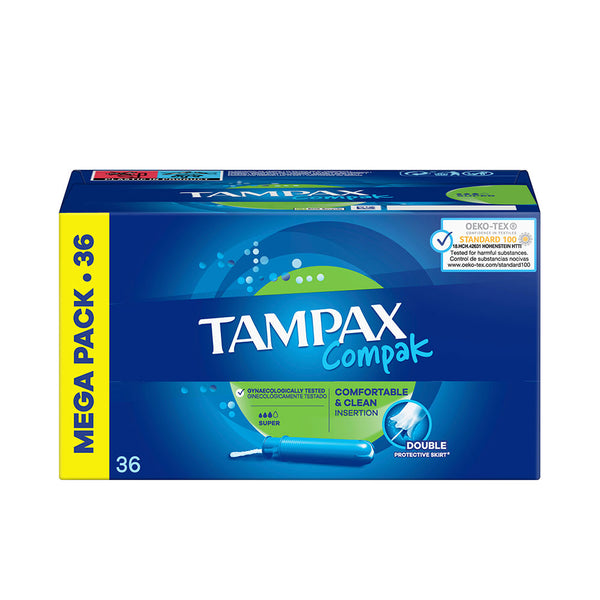 Tampax Compak Super 36 kpl – kompakti super‑tamponi | Vuodevaatteet.fi