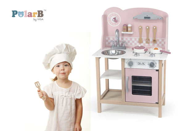 Hölzerne Spielküche Silber-Rosa mit Zubehör
