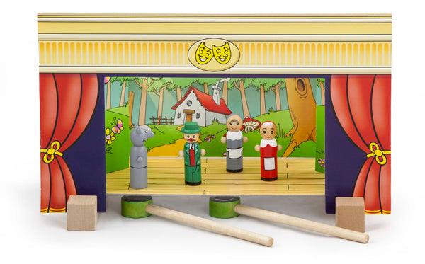Viga 56005 Magnetic Theatre -leikkisetti, jossa on pieni teatterilava, nukkeja ja rekvisiittaa.