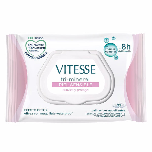 Vitesse Tri-mineral piel sensible meikinpoistopyyhkeet 25 kpl | Vuodevaatteet.fi